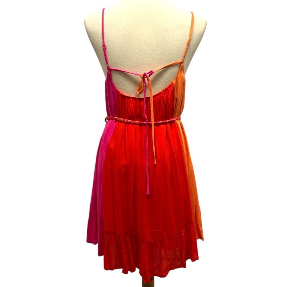 Vici Colorblock Orange & Pink Belted Swing Tent Mini Resortwear Vacation Dress S - Picture 4 of 11